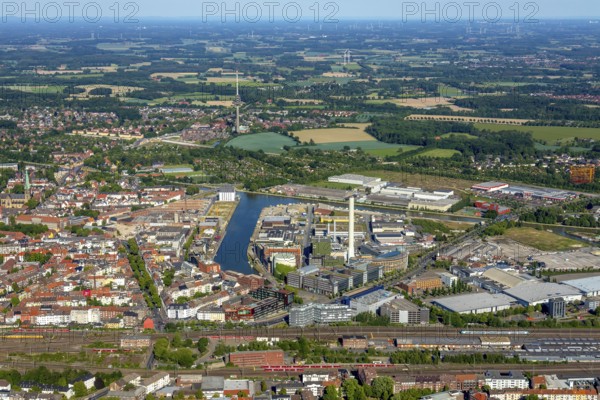 Aerial view, Stadthafen Münster, harbour promenade, harbour, Stadtwerke Münster, City of Münster -
