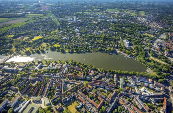 Aerial view, sailing boats on the Aasee, Aasee Park, Aaseeterrassen, Pluggendorf, Münster,