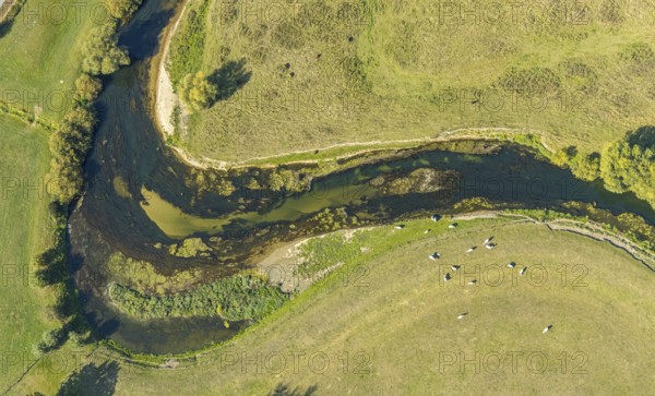 Aerial view, river Lippe, Lippe meadows, nature reserve, Lippborg, Lippetal, district Soest, North