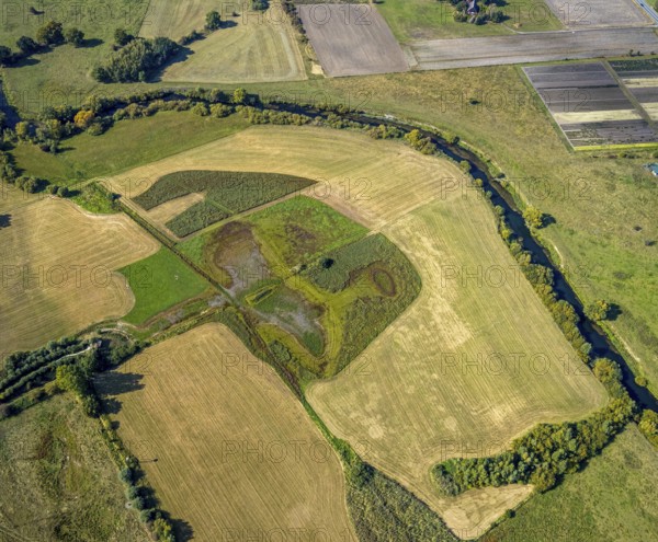 Aerial view, observation hut Disselmersch in the Lippe floodplains, river Lippe, Büninghausener