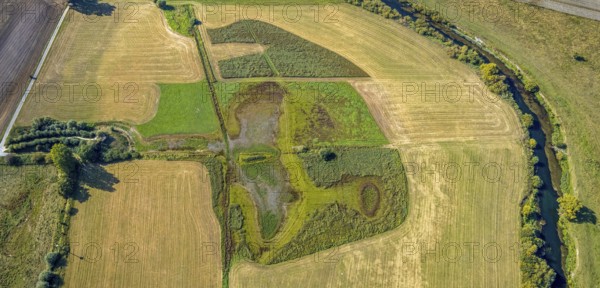 Aerial view, observation hut Disselmersch in the Lippe floodplains, river Lippe, Büninghausener
