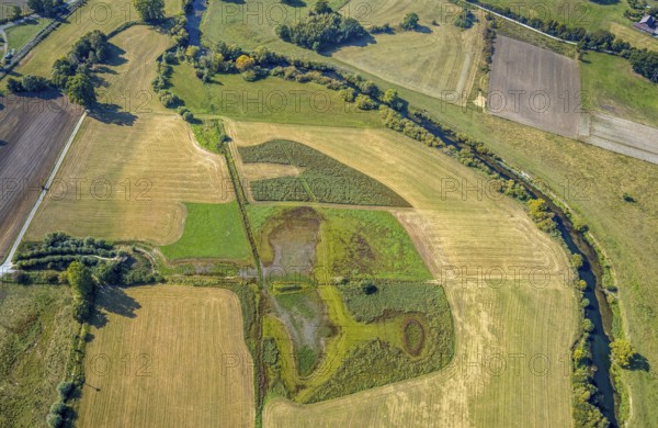 Aerial view, observation hut Disselmersch in the Lippe floodplains, river Lippe, Büninghausener