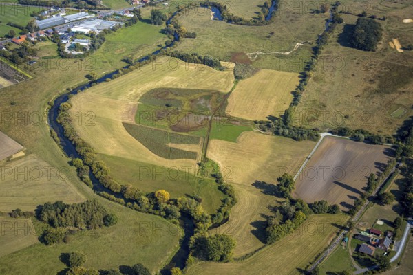 Aerial view, observation hut Disselmersch in the Lippe floodplains, river Lippe, Büninghausener