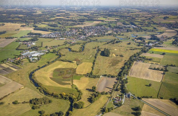 Aerial view, observation hut Disselmersch in the Lippe floodplains, river Lippe, Büninghausener