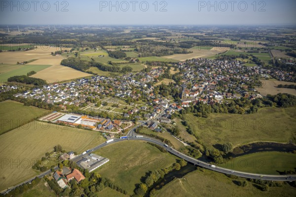 Aerial view, river Lippe, Lippe meadows, nature reserve, bridge Heintroper Straße over the Lippe,
