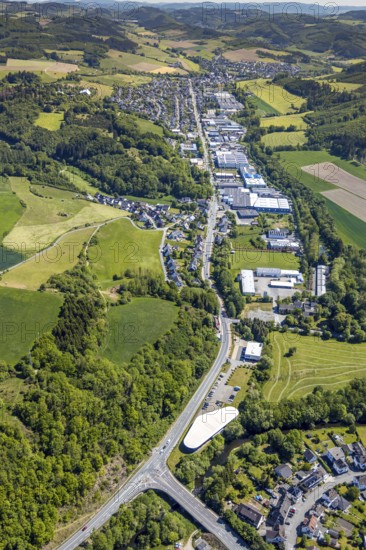 Aerial view, commercial area Bielefelder Straße, residential area Elspe, river Lenne, Trockenbrück,