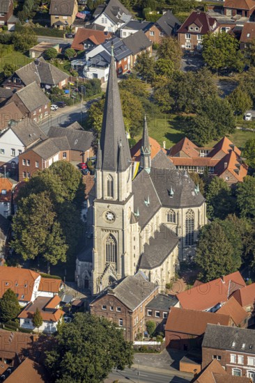 Aerial view, catholic church, pilgrimage basilica St. Ida, town centre Herzfeld, Lippetal, district