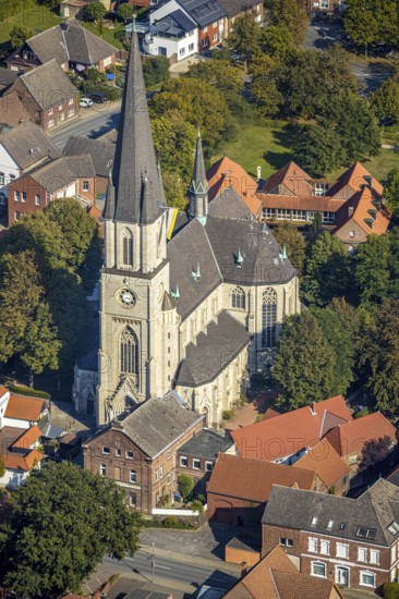 Aerial view, catholic church, pilgrimage basilica St. Ida, town centre Herzfeld, Lippetal, district