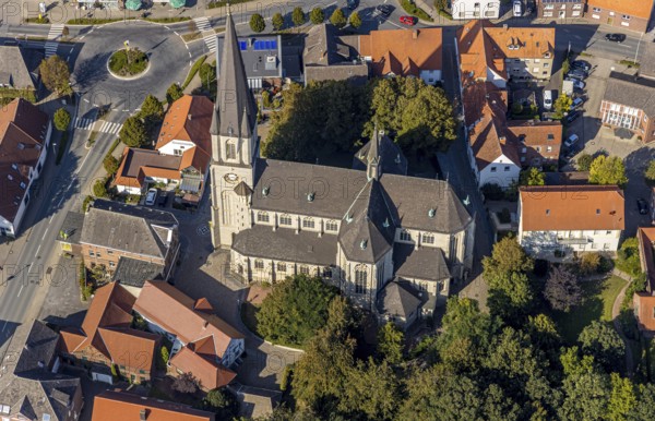Aerial view, catholic church, pilgrimage basilica St. Ida, town centre Herzfeld, Lippetal, district