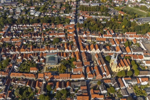 Aerial view, Old Town, Evang.Luth. church St. Nicolai, market place, town hall, Lemgo, East