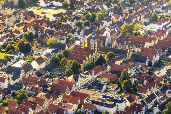 Aerial view, Old Town, Evang.Luth. church St. Nicolai, Lemgo, Ostwestfalen-Lippe, OWL, North