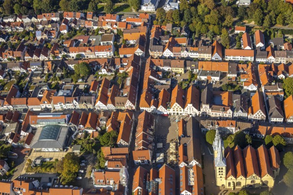 Aerial view, Old Town, Evang.Luth. church St. Nicolai, market place, town hall, Lemgo, East