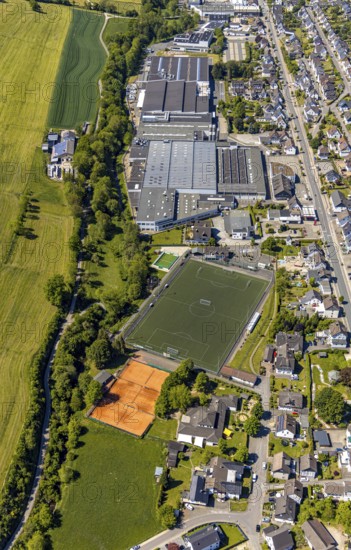 Aerial view, sports ground SSV Elspe, commercial area Elspe, Lennestadt, Sauerland, North