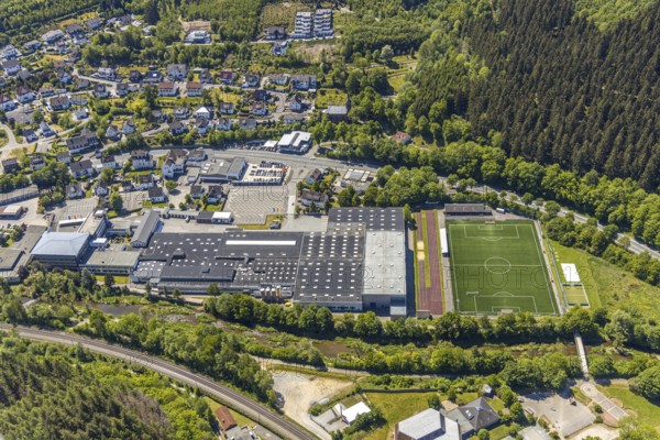 Aerial photo, Hensel Werk, sports field FC Lennestadt, Meggen, Lennestadt, Sauerland, North
