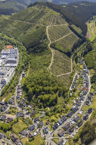 Aerial view, commercial area and residential area Altenhundem, Lennestadt, Sauerland, North
