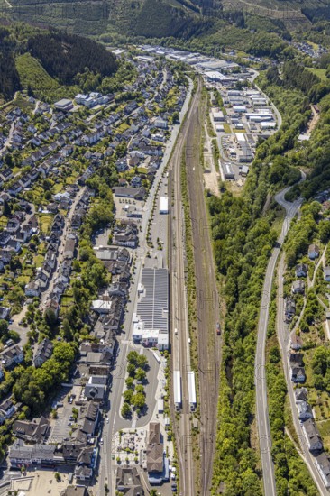 Aerial view, Lennestadt-Altenhundem railway station, Hundem Lenne Center, commercial area railway