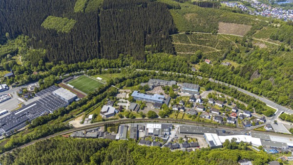 Aerial view, secondary school Hundem-Lenne, St. Barbara-Schule Meggen, theatre of the city of