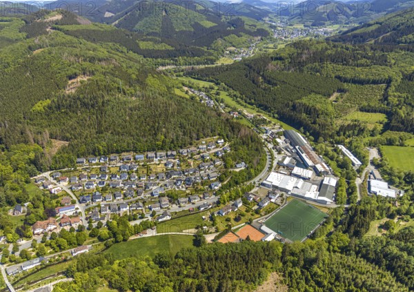 Aerial view, Langenei sports field, Fredeburger Straße commercial area, Langenei town view,