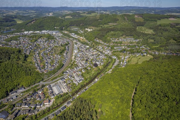 Aerial view, view of Meggen, Lennestadt-Meggen railway station, Rayonex Biomedical GmbH,
