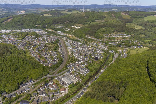 Aerial view, view of Meggen, Lennestadt-Meggen railway station, Rayonex Biomedical GmbH,