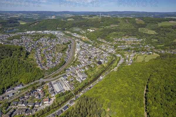 Aerial view, view of Meggen, Lennestadt-Meggen railway station, Rayonex Biomedical GmbH,