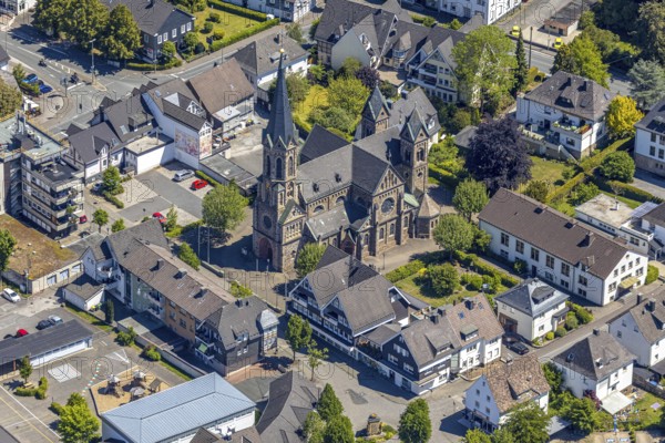 Aerial view, Catholic Church of St. Bartholomew, Meggen, Lennestadt, Sauerland, North