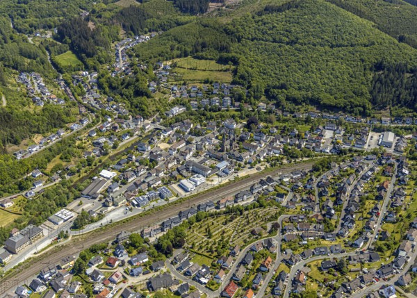 Aerial view, view of Meggen, Lennestadt-Meggen railway station, Rayonex Biomedical GmbH,