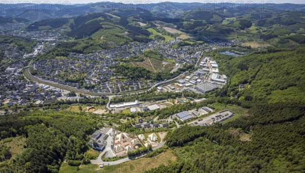 Aerial view, Galileo-Park, Sauerland Pyramids, Mining Museum Siciliaschacht, view to Meggen,