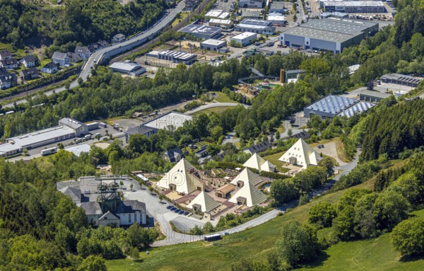 Aerial view, Galileo-Park, Sauerland Pyramids, Mining Museum Siciliaschacht, Lennestadt, Sauerland,