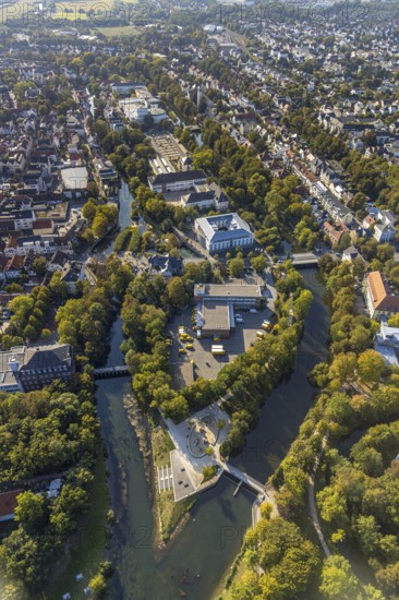 Aerial view, View of town, Im Grünen Winkel Spielplatz Entenei, River Lippe, Stadttheater