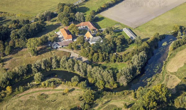 Aerial view, nature reserve Lippeaue, river Lippe, estate Göttinger Straße, farm, Liesborn,