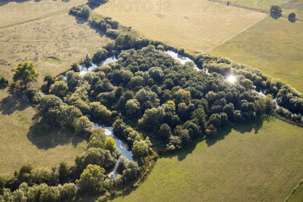Aerial view, River Lippe, Lippeauen-West, Hagedornsweg, Hellinghausen, Lippstadt, Soest district,