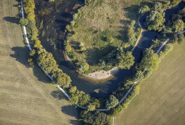 Aerial view, river Lippe, Lippe lido, Lippe floodplain west, Hagedornsweg, Lippstadt, district