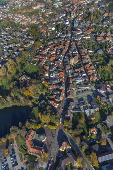 Aerial view, town hall Schermbeck, Weseler Straße, town view, Schermbeck, Ruhr area, North