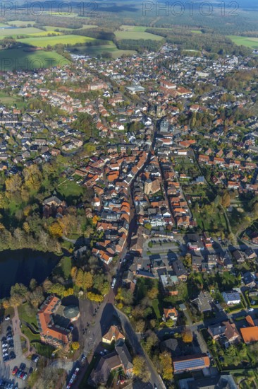 Aerial view, town hall Schermbeck, Weseler Straße, town view, Schermbeck, Ruhr area, North