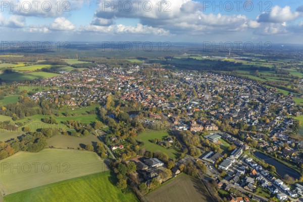 Aerial view, town view, town hall Schermbeck, Weseler Straße, Schermbeck, Ruhr area, North