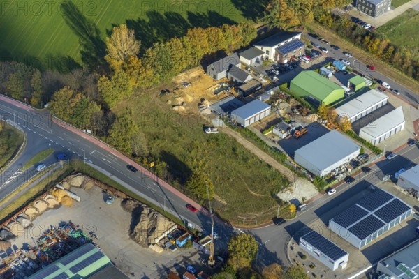 Aerial view, construction site Hufenkampweg, industrial estate Heetwinkel, Altschermbeck,