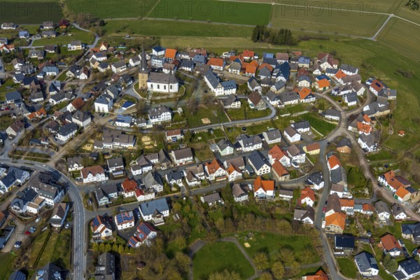 Aerial view, St. Clemens Catholic Church, Kallenhardt, Rüthen, Sauerland, North Rhine-Westphalia,
