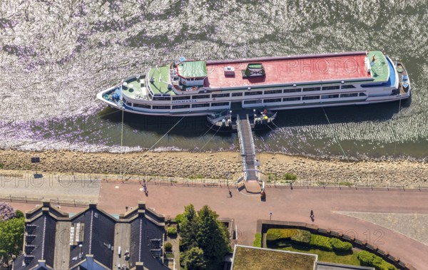 Aerial view, excursion boat pier Rees, Rhine promenade, Rees, Lower Rhine, North Rhine-Westphalia,