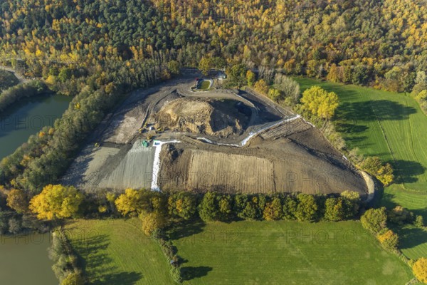Aerial view, nature reserve Steinbach, slag heap and pond, Gahlen, Schermbeck, Ruhr area, North