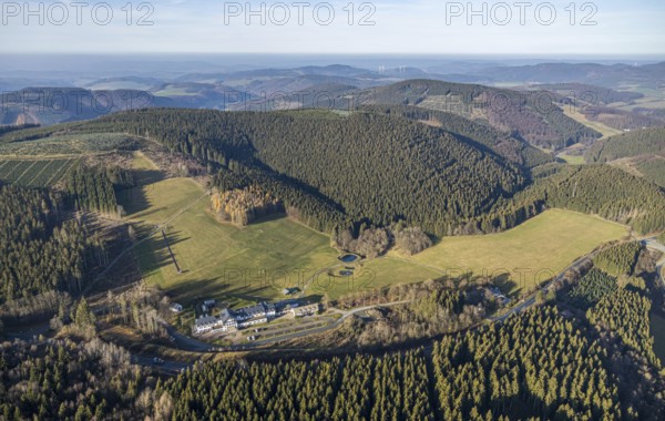 Aerial view, Hotel Rimberg, forest area, wind turbines, Osterwald, Schmallenberg, Sauerland, North