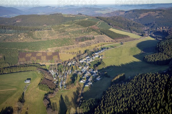 Aerial view, local view and forest area Osterwald, Schmallenberg, Sauerland, North