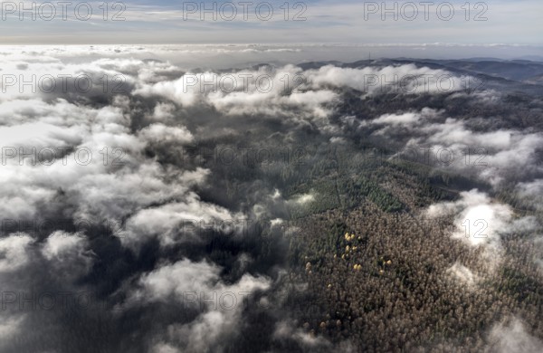 Aerial view, sea of clouds over forest area, Siedlinghausen, Winterberg, Sauerland, North