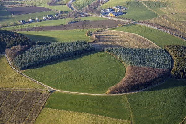 Aerial view, meadows and forest pattern near Bödefeld, Westernbödefeld, Schmallenberg, Sauerland,