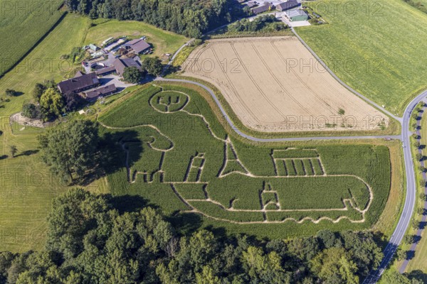 Aerial photo of Baür Lünemann's corn maze in Selm Cappenberg. This year's theme is Europe. Selm,