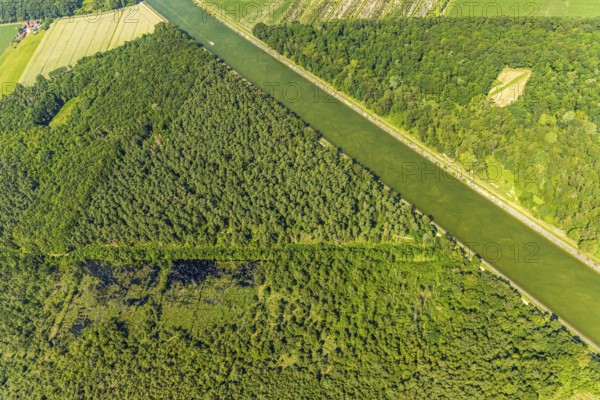 Aerial view, Venner Moor nature reserve, Dortmund-Ems canal, forest damage, Senden, Münsterland,