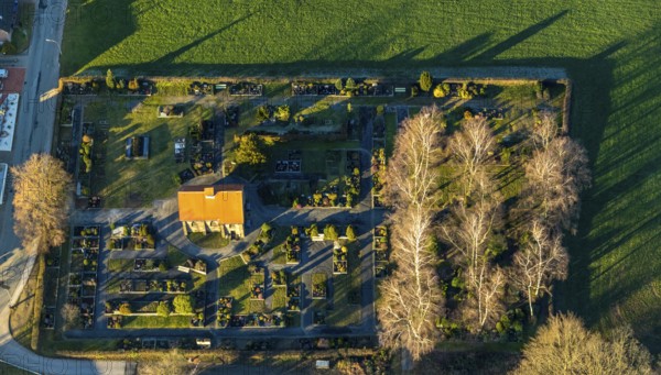 Aerial view, Linderhausen mourning hall and cemetery, Linderhausen, Schwelm, Ruhr area, North