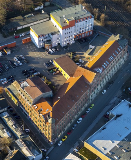 Aerial view, industrial building Kulturfabrik Ibach-Haus, Wilhelmstraße, Schwelm, Ruhr area, North