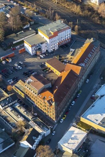 Aerial view, industrial building Kulturfabrik Ibach-Haus, Wilhelmstraße, Schwelm, Ruhr area, North