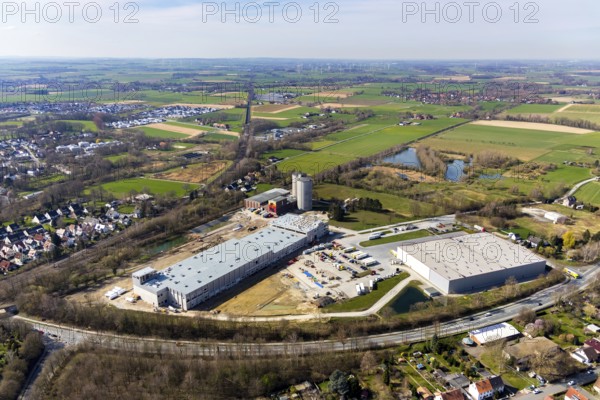 Aerial view, industrial estate northwest, construction site new building logistics hall